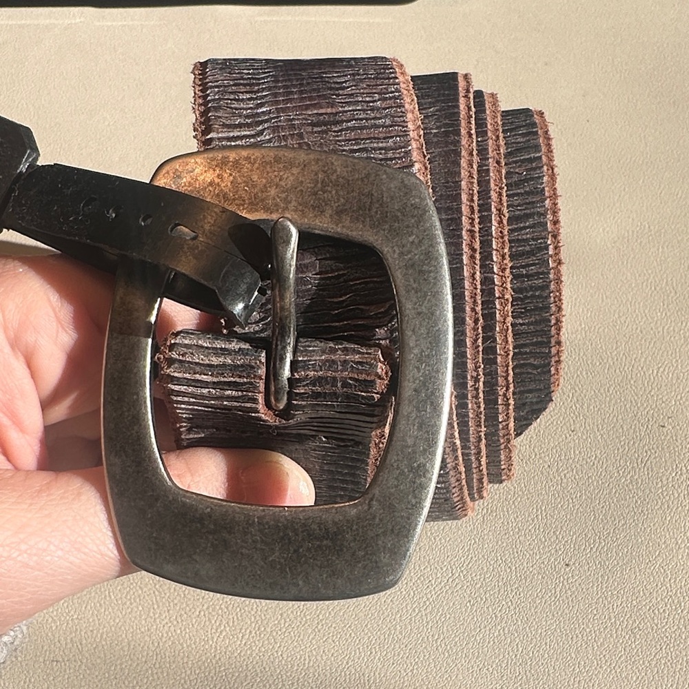 Textured Brown Genuine Leather Belt with Antiqued Metal Buckle